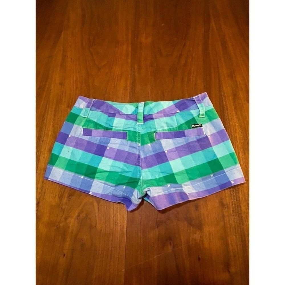 Blue Purple Hurley Plaid Low Rise Cheeky Hot Shorts Size 5 Juniors Women